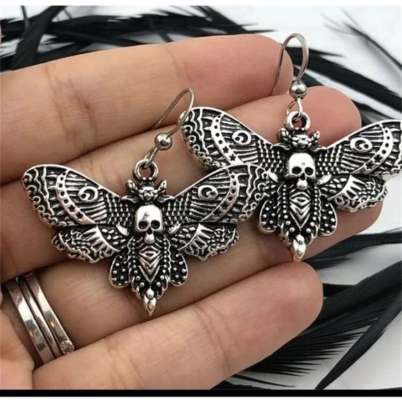Silver titanium death Head moth punk goth earrings new - Picture 2 of 3